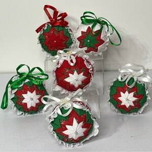 Vintage Handmade Folded‎ Fabric Multicolor Christmas Ball Ornaments Set of 6